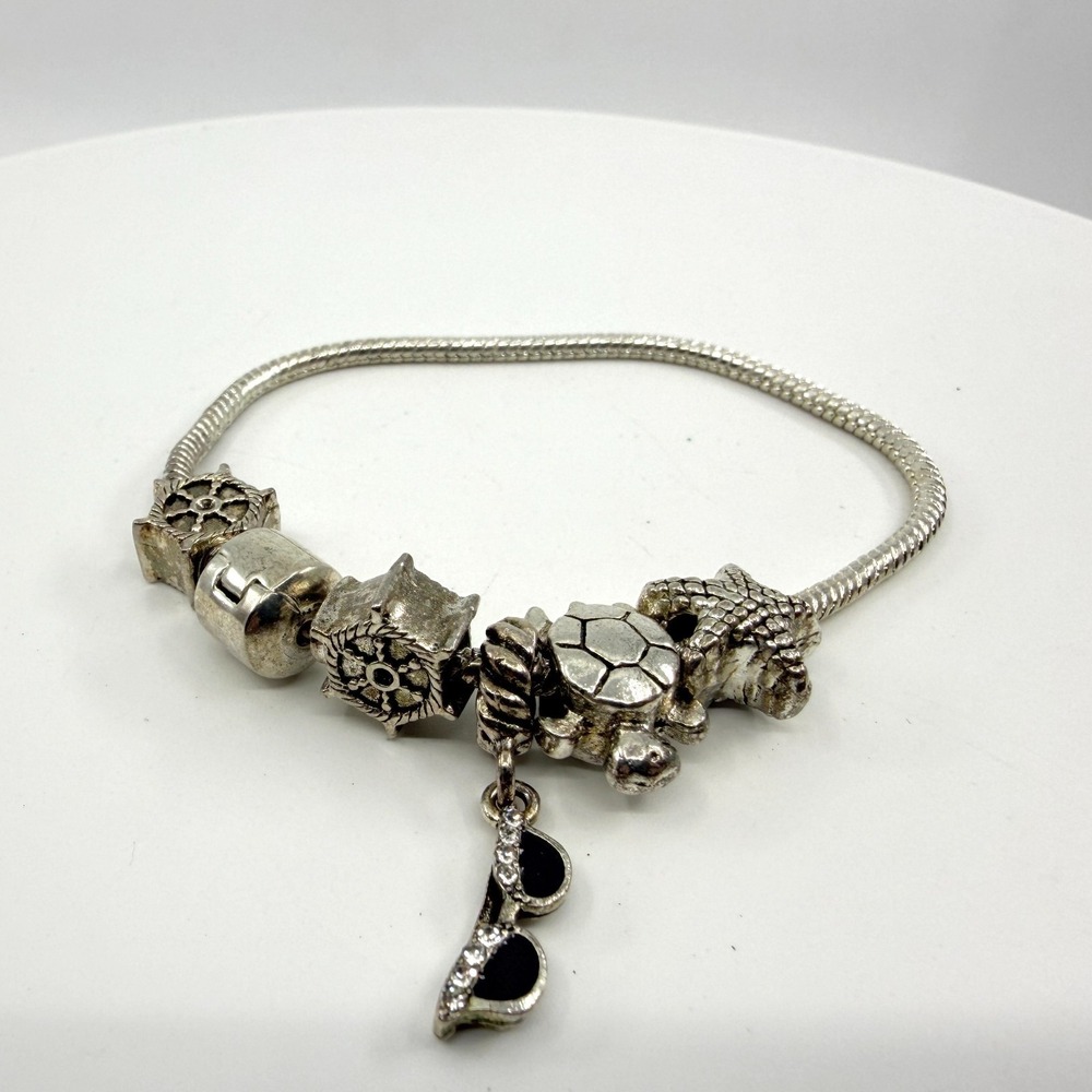 Beach Day Charm Bracelet Silver Tone Ocean Turtle Starfish Sunglasses Gift Idea